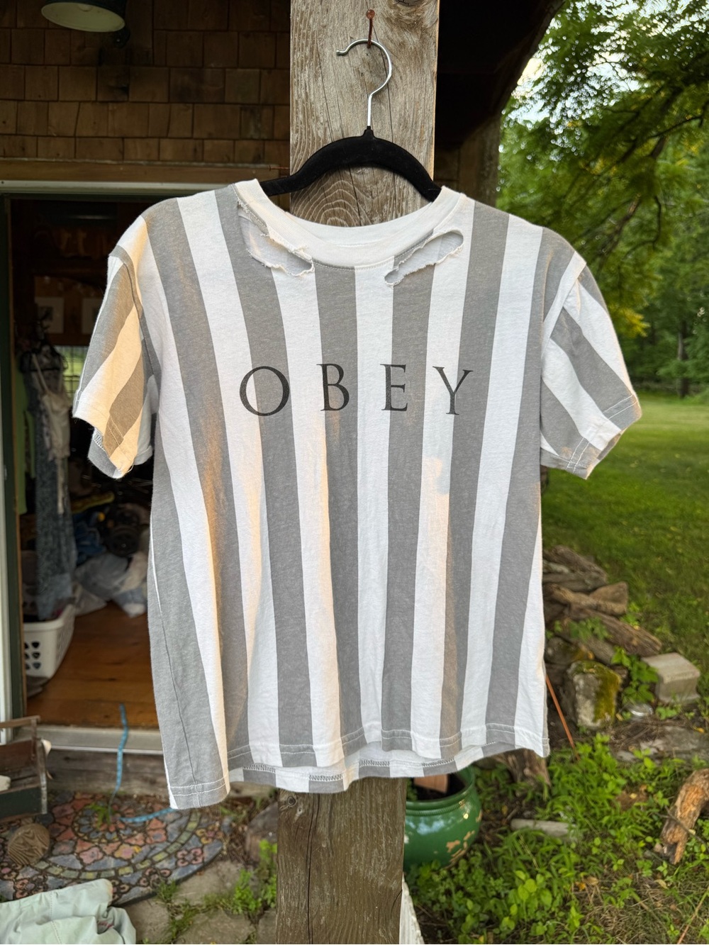 Obey Gray and White Vertical Stripe Distressed Tee